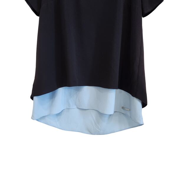 Michael Kors Colorblock Short Sleeve Layered Blouse Hi Low Hem Navy Blue Size XS - Picture 4 of 8